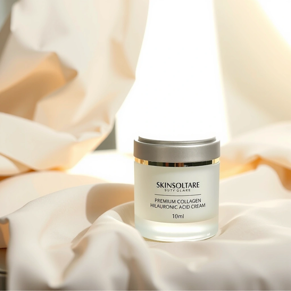 Premium collagen cream in elegant glass jar on silk fabric
